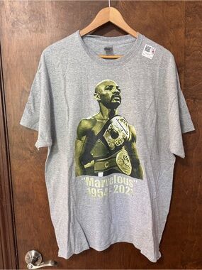 Gildan Marvin Hagler Gray Short Sleeve Tee with Yellow-Green Tribute Graphic